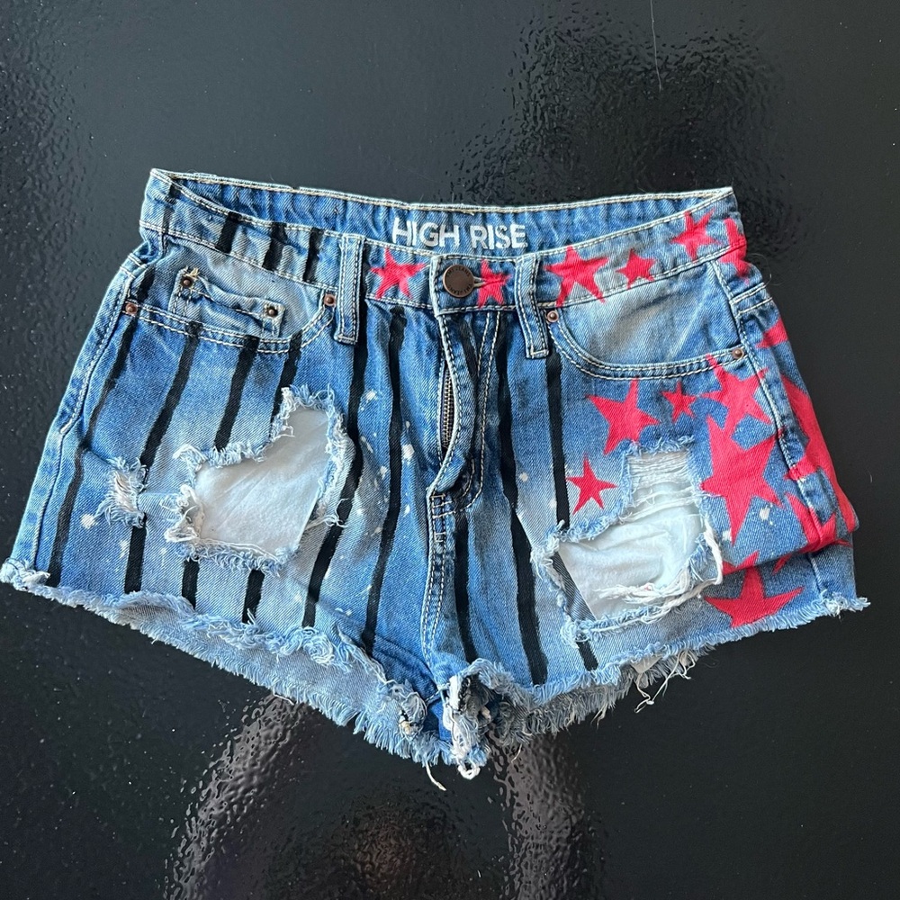 Harley Quinn Birds of Prey High Rise Distressed Denim Shorts Red Stars Stripes